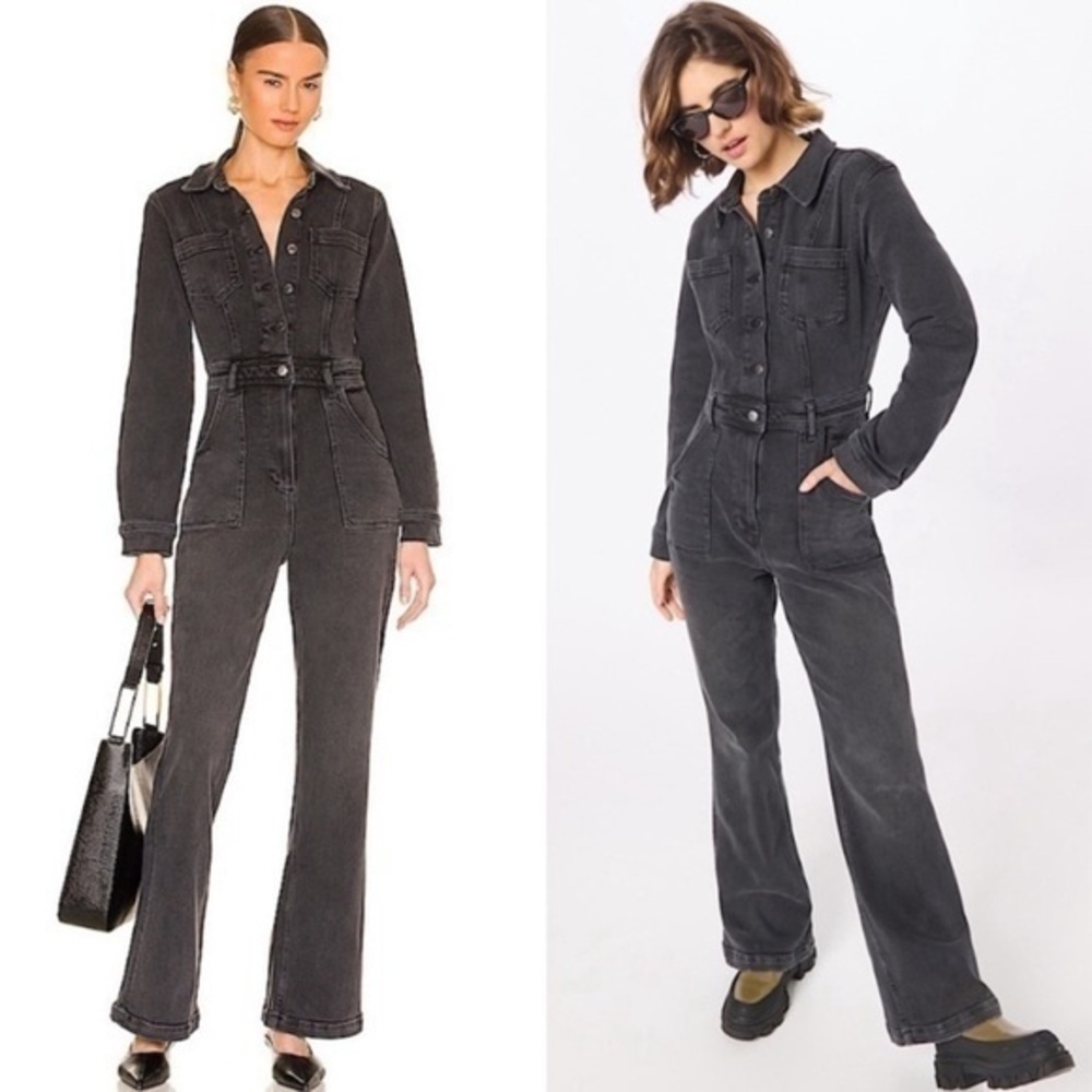 Boyish Jumpsuit The Guy Long Sleeve Flare Button Down in Black Denim